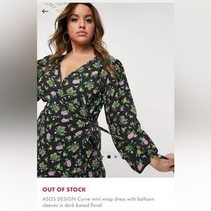 ASOS DESIGN Curve mini wrap dress with balloon
sleeves in dark based floral